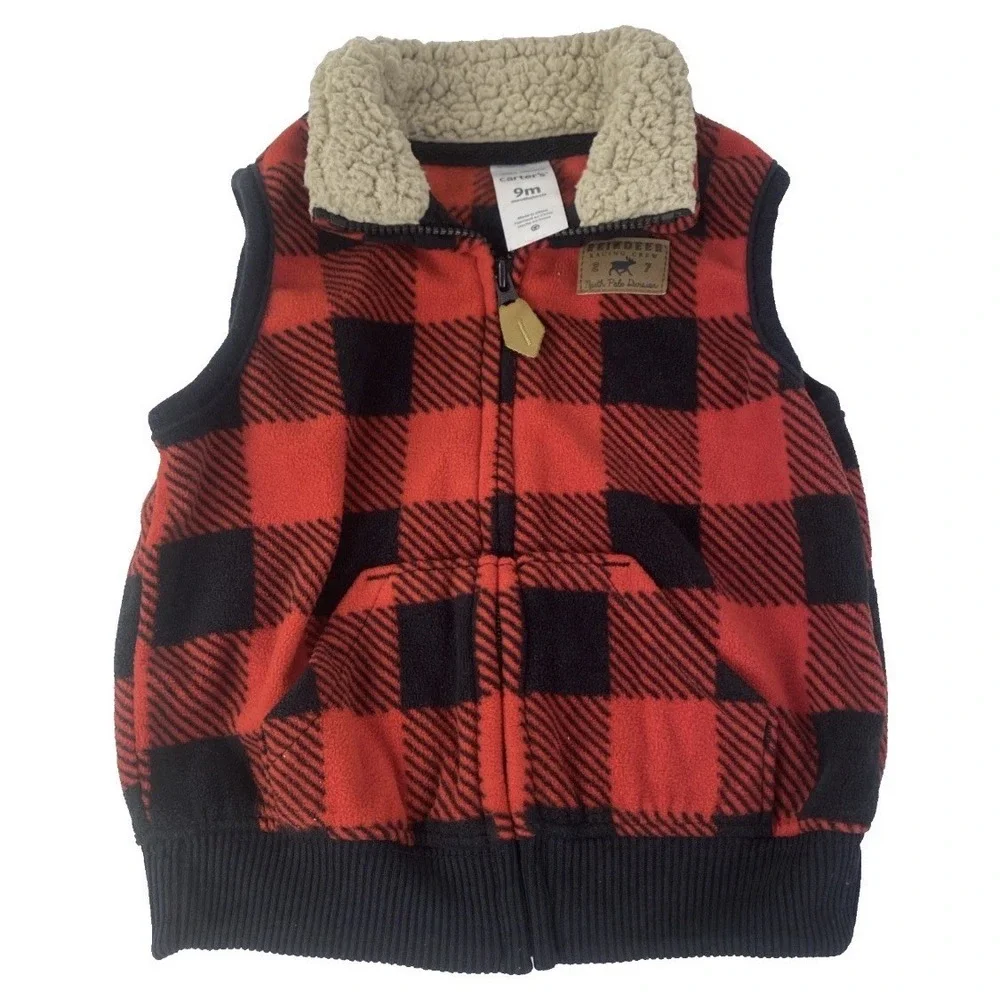 Carter's Fleece Vest 9m Red Buffalo Plaid Reindeer Racing‎ Crew Kids